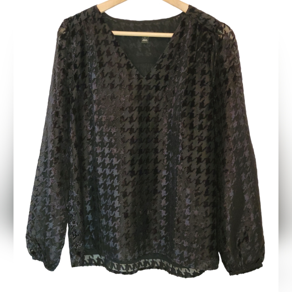 Ann Taylor Black Houndstooth Print Blouse Size Small Whimsigoth